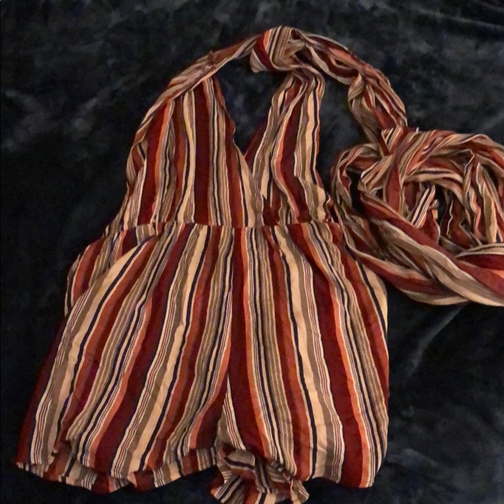 Striped romper, wrap around ties